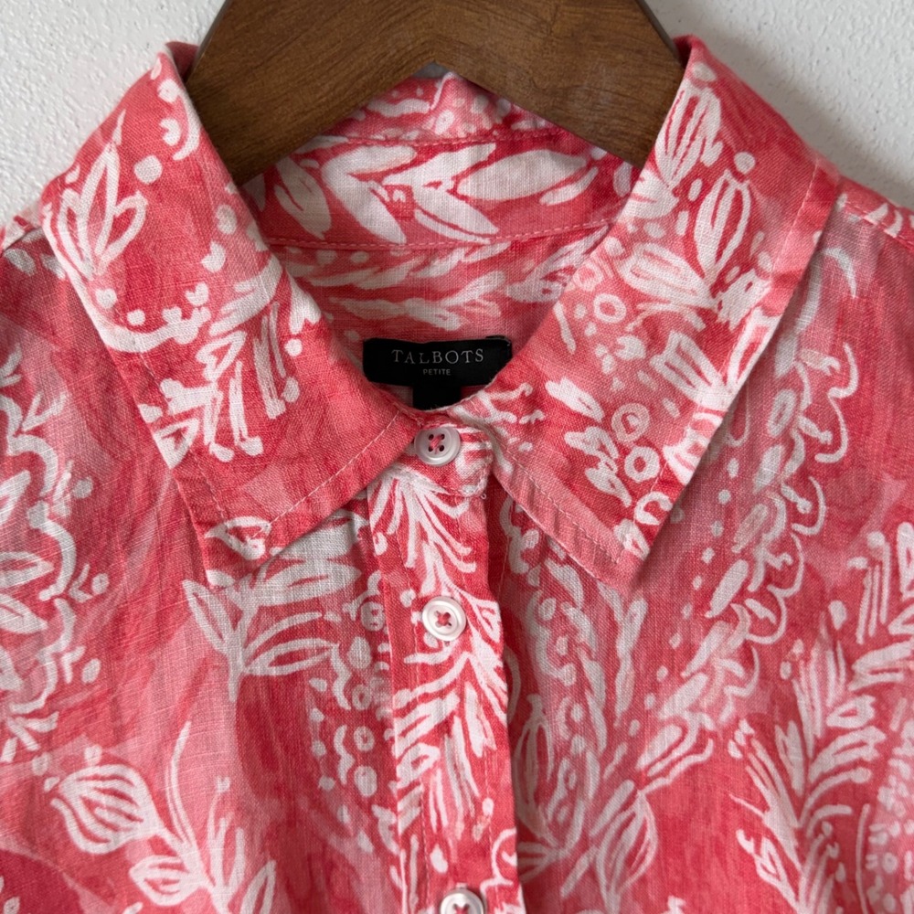 Talbots Petite MP 100% Linen Button Up Blouse Coral Pink White Vacation Coastal - Picture 5 of 11